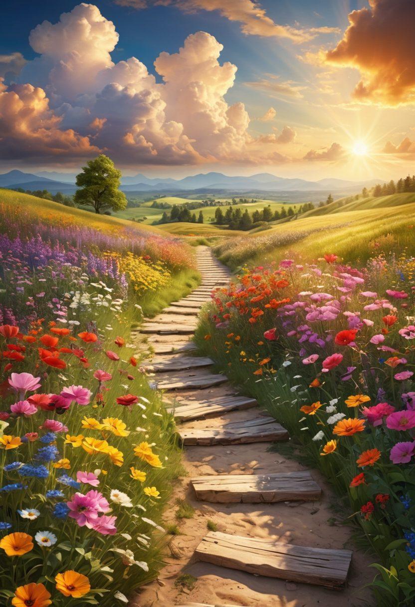 A whimsical landscape featuring a winding path through a vibrant meadow filled with colorful flowers, cheerful travelers with joyful expressions, and uplifting moments like laughter and shared experiences. In the sky, warm rays of sunlight break through fluffy clouds, symbolizing hope and inspiration. The scene evokes a sense of adventure and delight, inviting viewers to embark on their own journeys. bright and jubilant. 3D illustration.