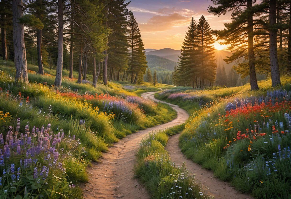 A winding path through a vibrant landscape filled with colorful wildflowers and tall, lush trees, leading towards a radiant sunset. Along the route, diverse adventurers of different backgrounds joyfully engage in various activities like biking, hiking, and picnicking, embodying the spirit of exploration and happiness. Soft, warm light illuminates the scene, evoking a sense of tranquility and joy. whimsical illustration. vibrant colors. dreamy atmosphere.